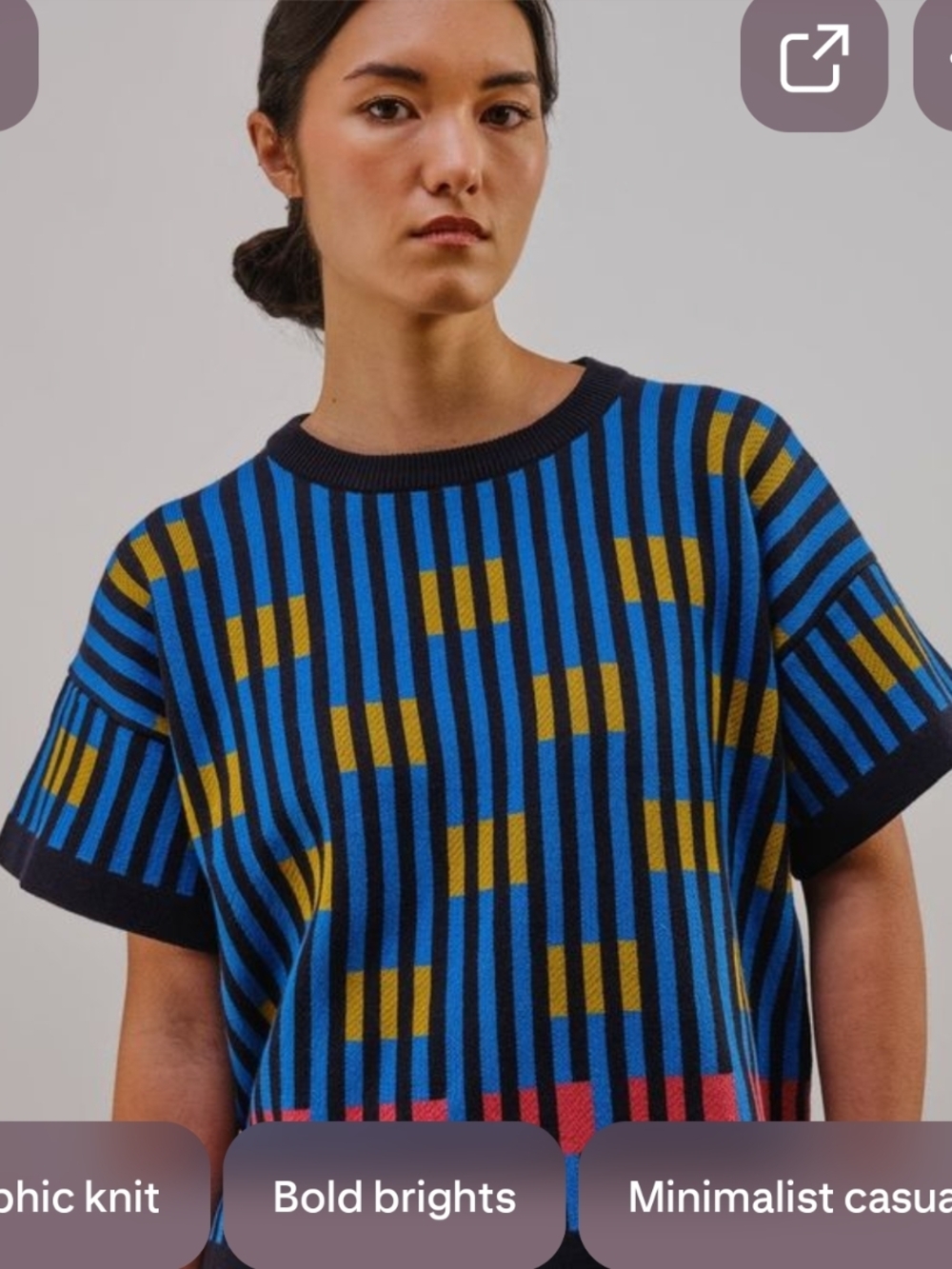 Blue Striped Short-Sleeve Knit Top with Yellow and Pink Accents - Picture 2 of 11